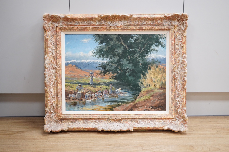 Victor Coverley- Price (1901-1988), Washerwomen, signed and dated 1971, oil on board, 34 x 44cm, ornate frame